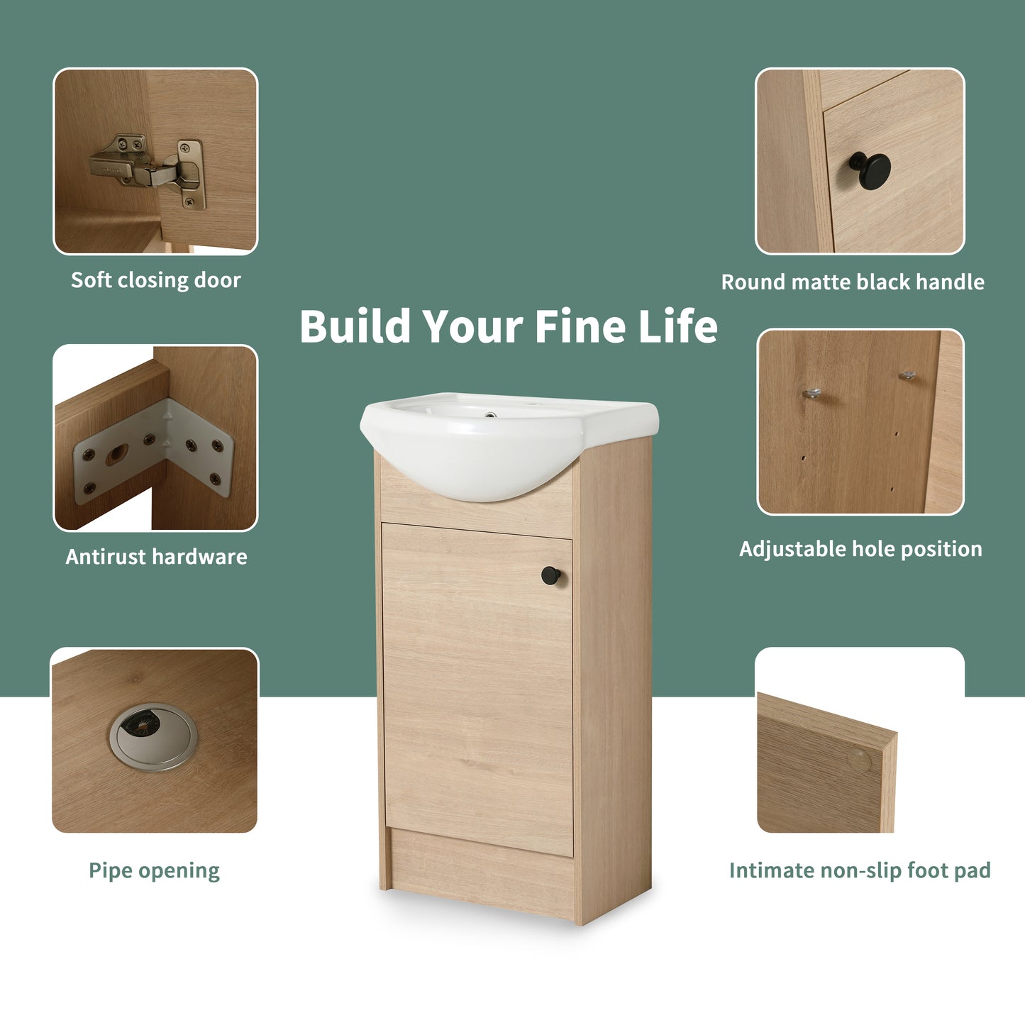 18" Small Bathroom Vanity with Sink – Freestanding Oak Cabinet Combo Unit