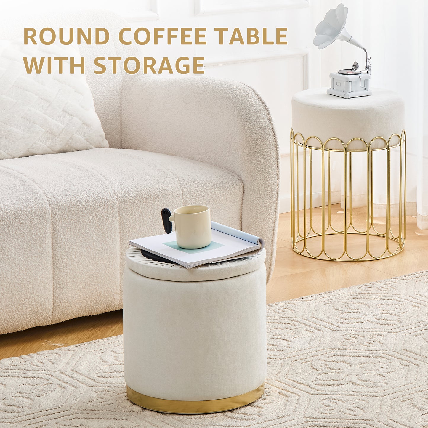 Set of 2 Round Velvet Storage Ottomans with Removable Lids – White