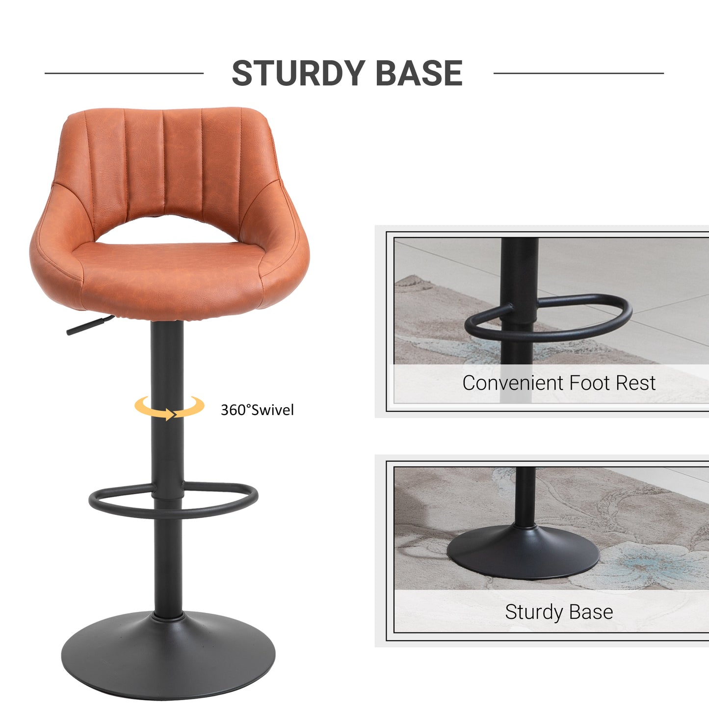 Set of 2 Adjustable Bar Stools – Brown PU Leather Swivel Chairs with Footrest