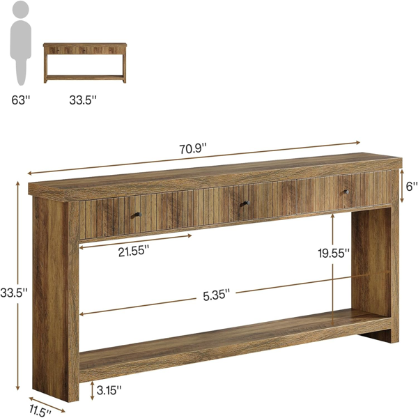 71" Oak Long Console Table – Fluted Drawers & Open Shelf Storage by Tribesigns