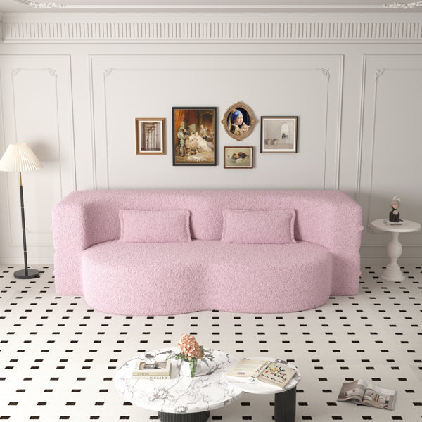 Modern Pink Teddy Fabric Floor Sofa Bed with 2 Pillows – Convertible & Space-Saving