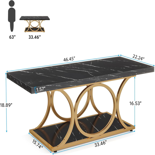 Rustic Black & Wood 2-Tier Coffee Table with Geometric Metal Base