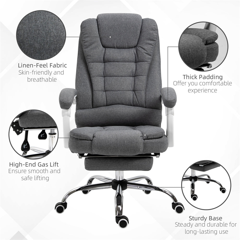 Pebble Grey High-Back Reclining Office Chair with Footrest & Linen Upholstery