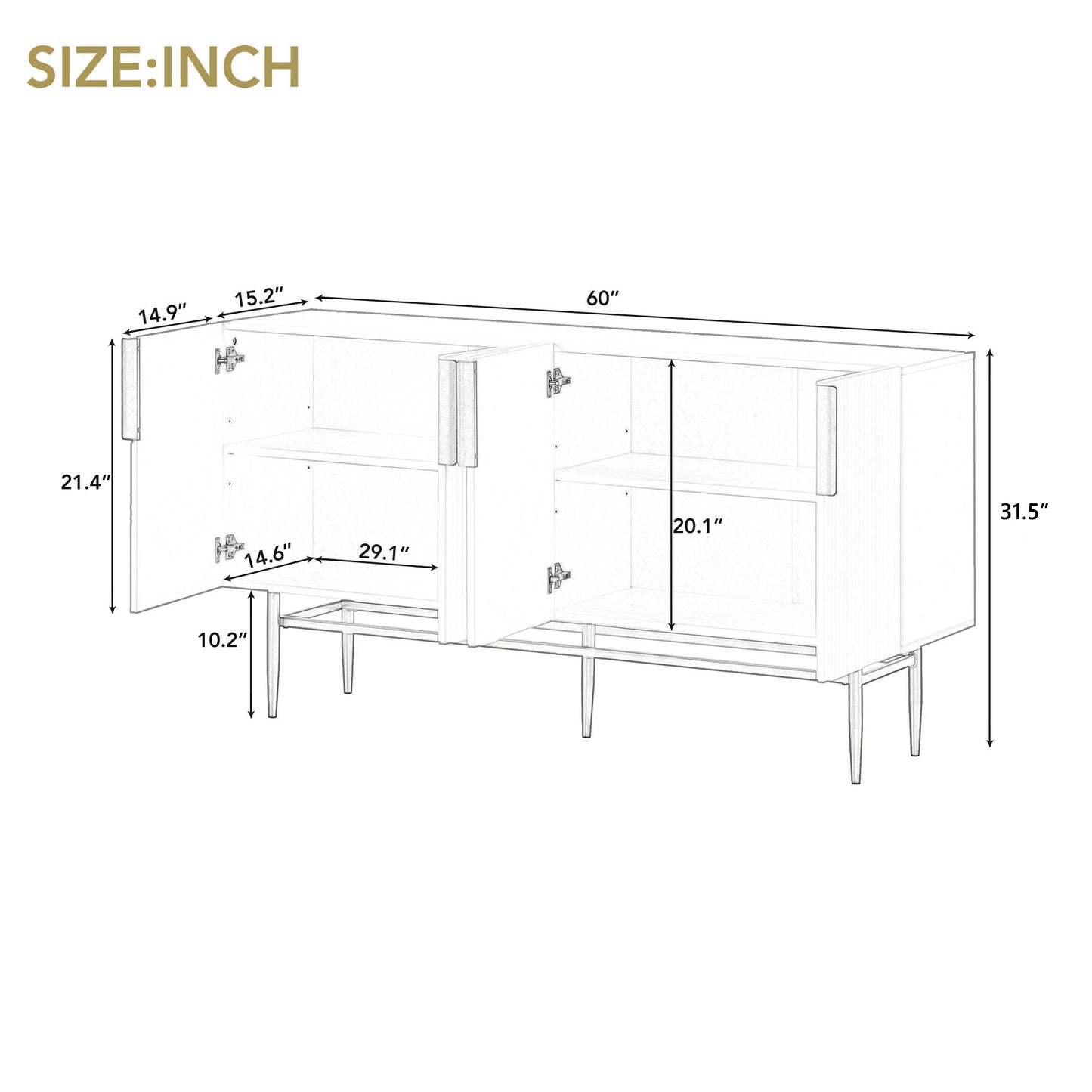 Modern 4-Door Sideboard Buffet Cabinet with Gold Handles, Black for Home Use
