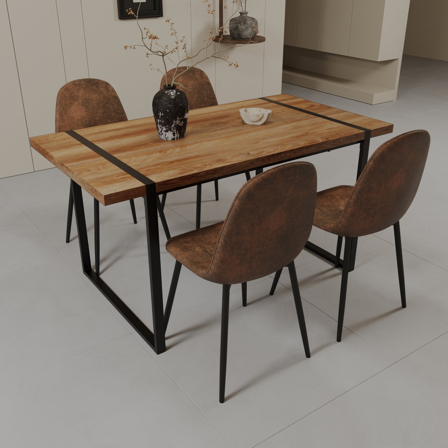 59" Wood Dining Table Set w/ 4 Suede Chairs | Industrial Metal Frame Design