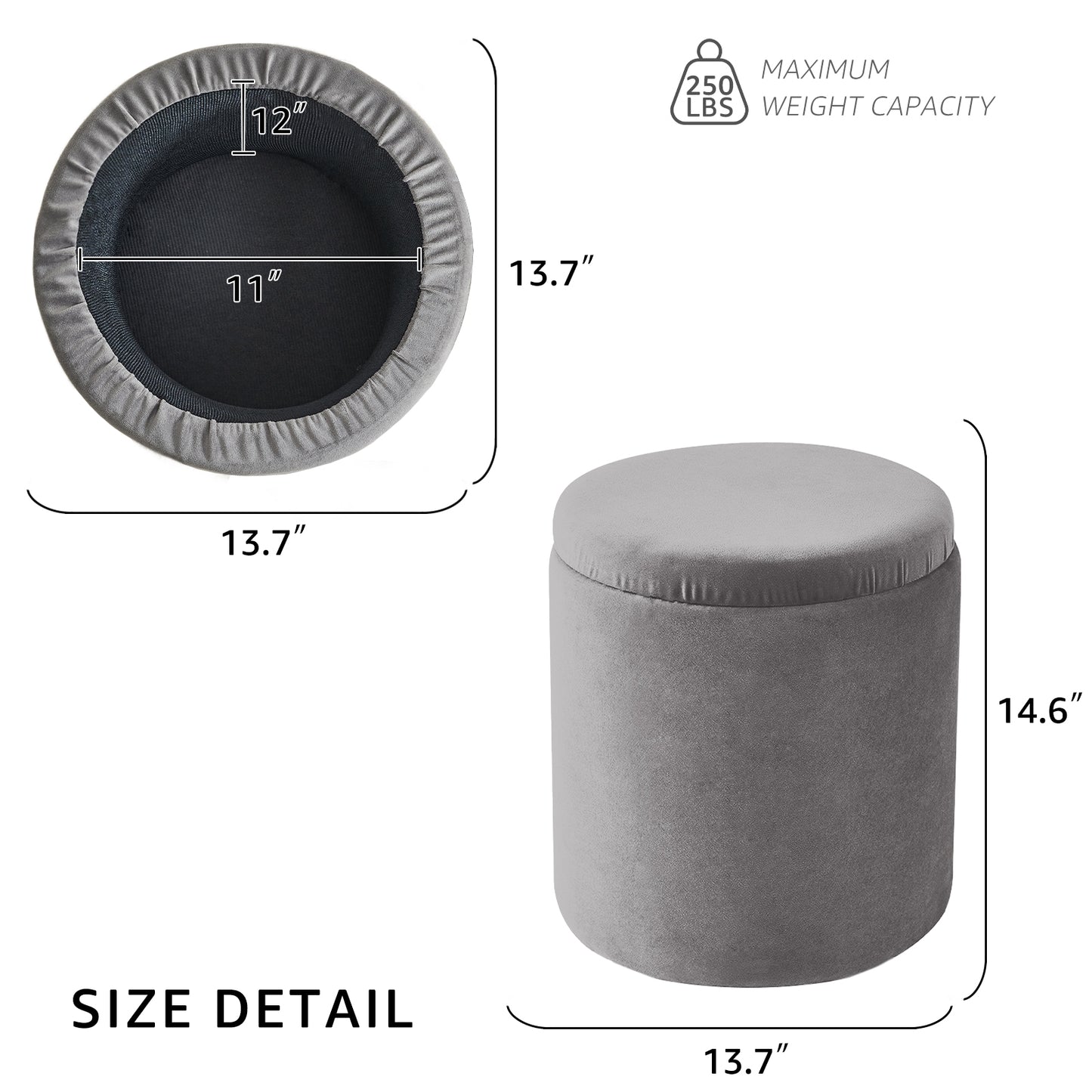 Velvet Grey Round Storage Ottoman with Removable Lid