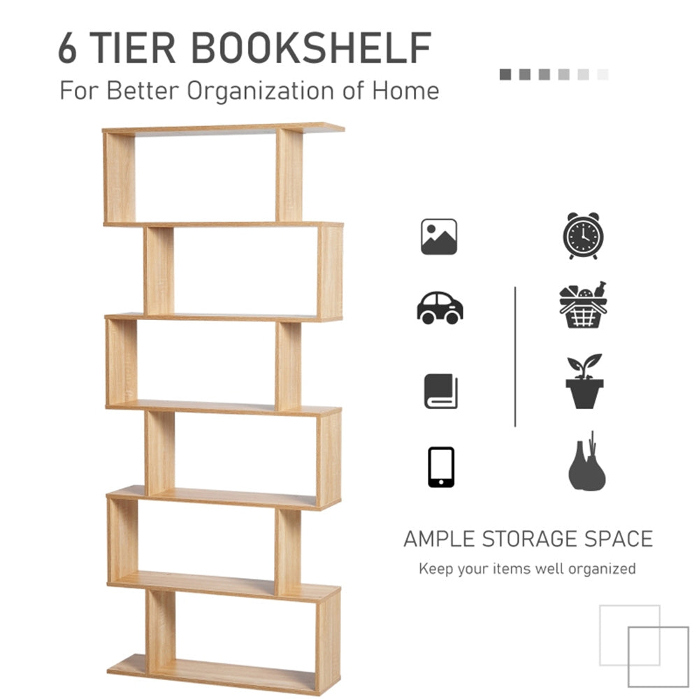 S-Shaped 6-Tier Oak Bookcase | Modern Display & Storage Shelf Cabinet
