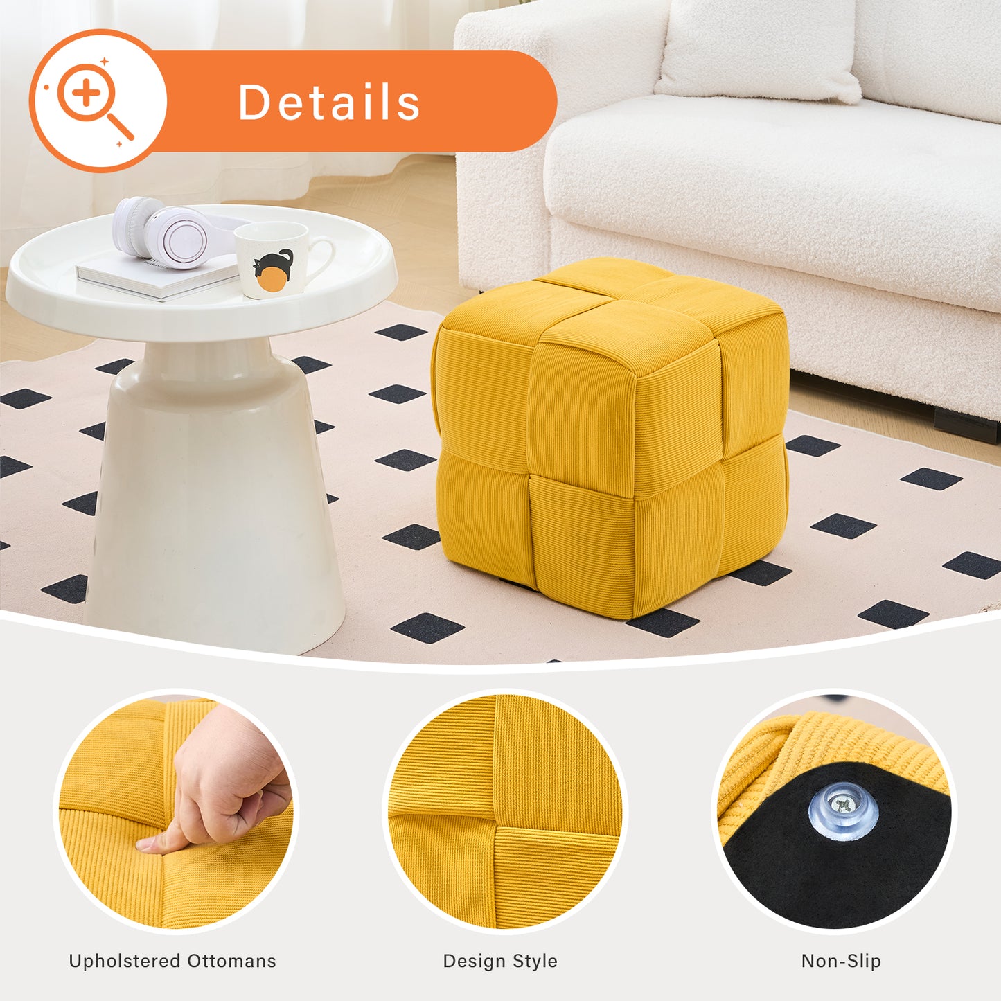 Yellow Corduroy Ottoman Vanity Stool – Square Footrest for Bedroom & Entryway