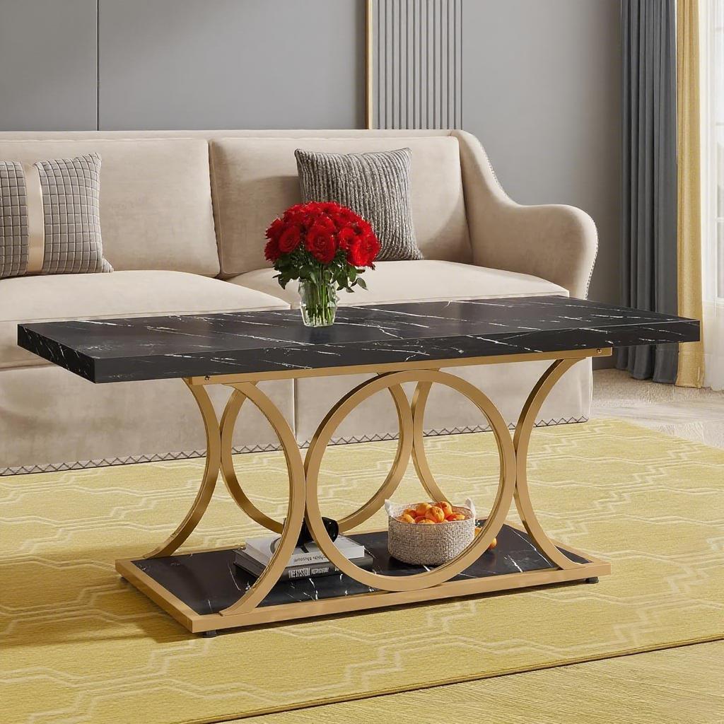 Rustic Black & Wood 2-Tier Coffee Table with Geometric Metal Base