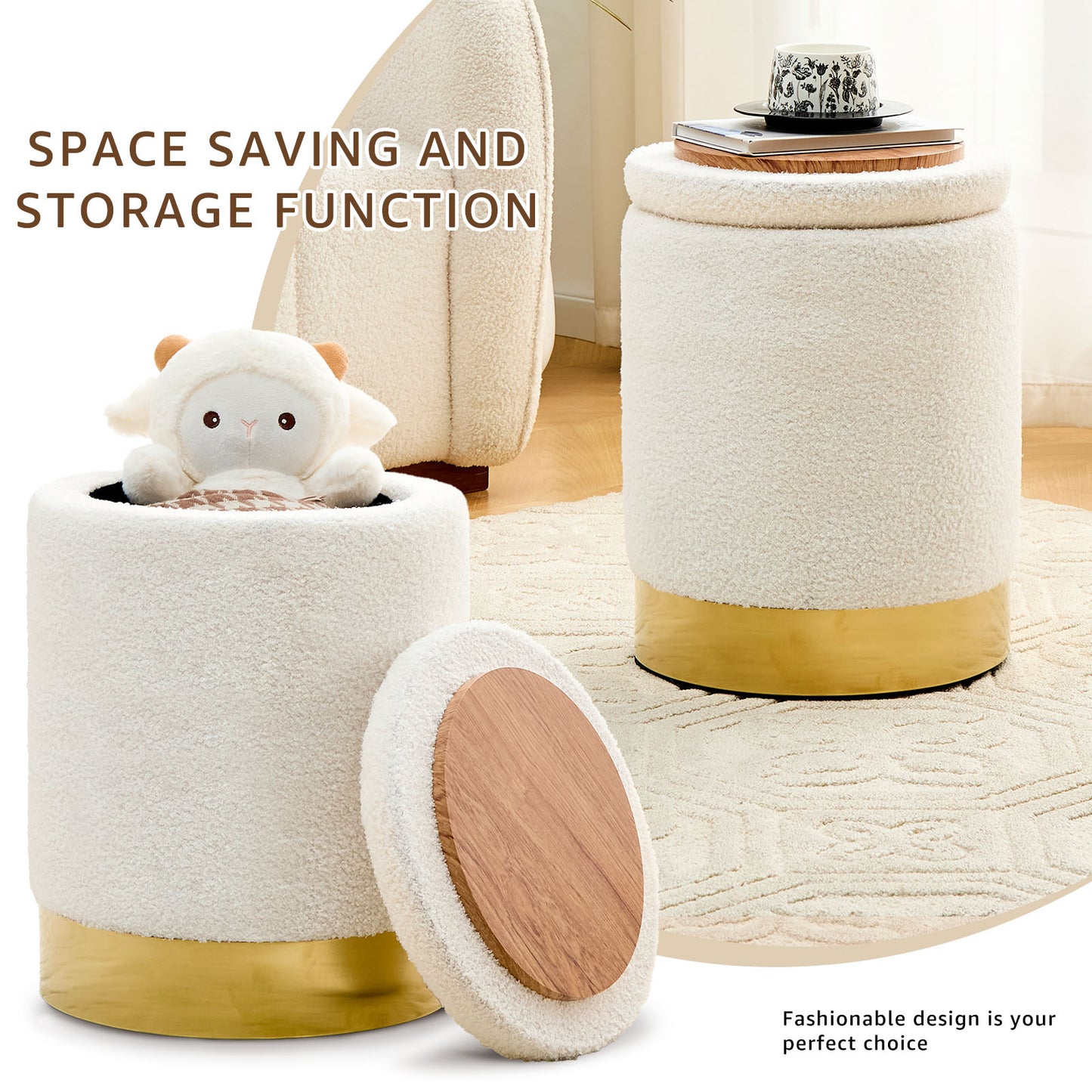 Teddy Velvet Round Ottoman Stool with Storage, Padded Seat, Metal Base, White