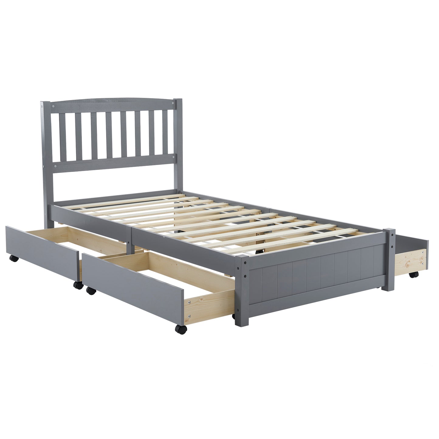 Twin Pine Wood Platform Bed with 4 Storage Drawers & Curved Headboard – Gray