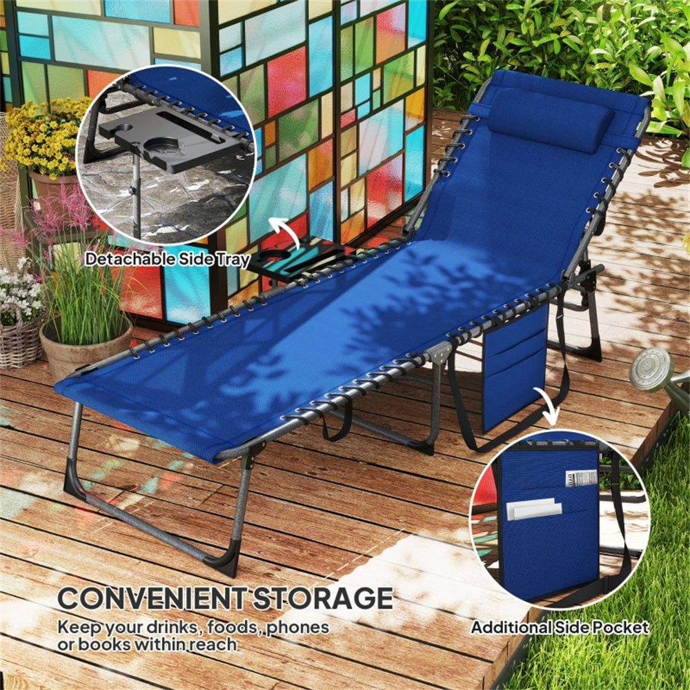 Dark Blue Reclining Foldable Lounge Chair with Pillow & Mesh Fabric