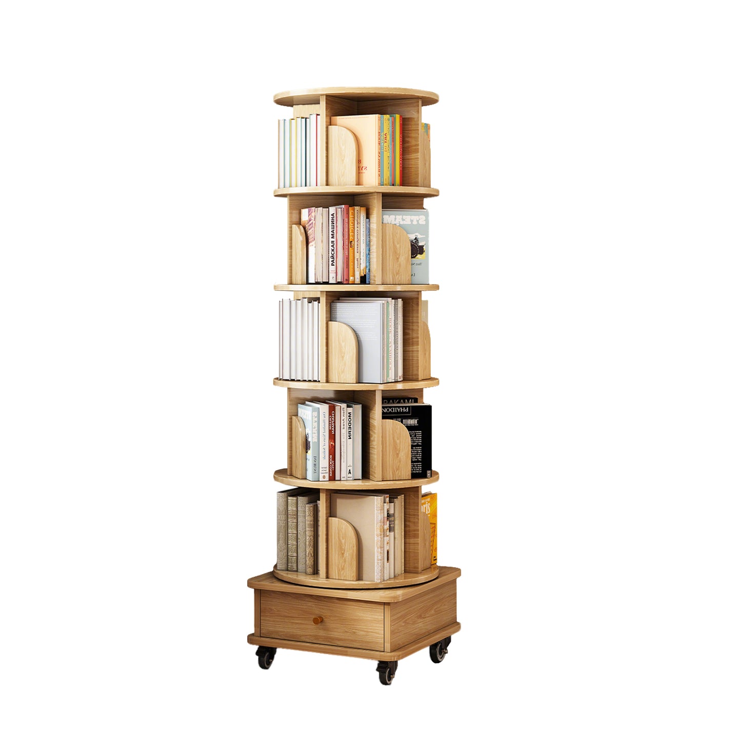 6-Tier 360° Rotating Bookshelf with Wheels & Drawer, Space-Saving Wood Color