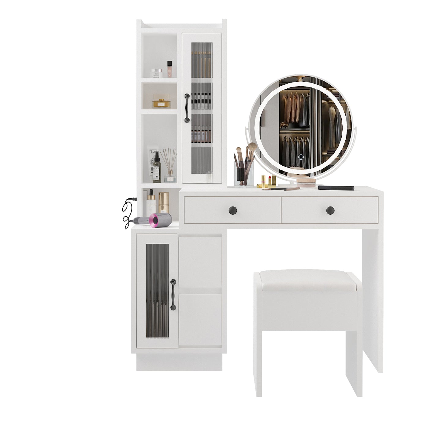 Modern Vanity Table Set w/ LED Mirror, Side Cabinet & Outlets, 3 Lights