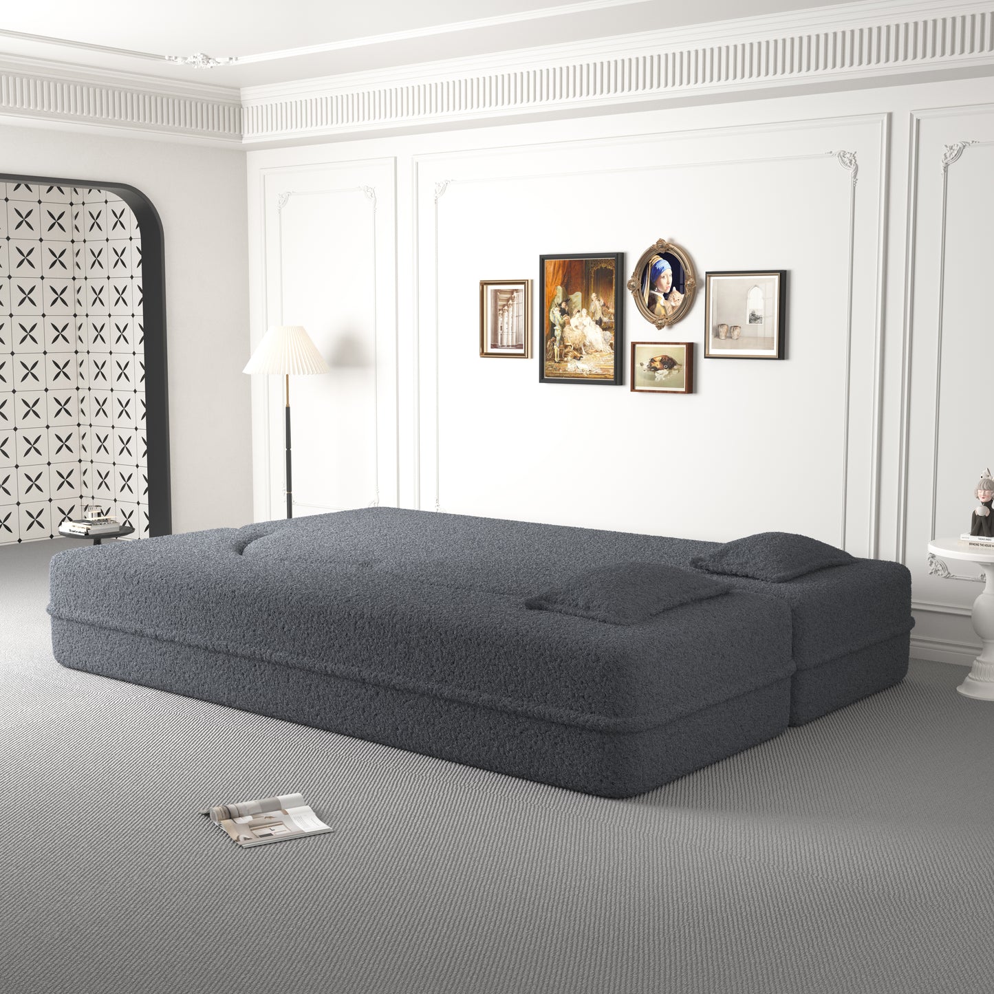 Modern Grey Teddy Fabric Floor Sofa Bed with 2 Pillows – Convertible & Space-Saving