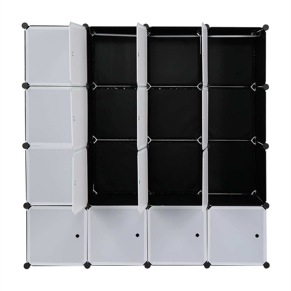 16-Cube Modular Closet Organizer with Hanging Rods, White Doors & Black Panels