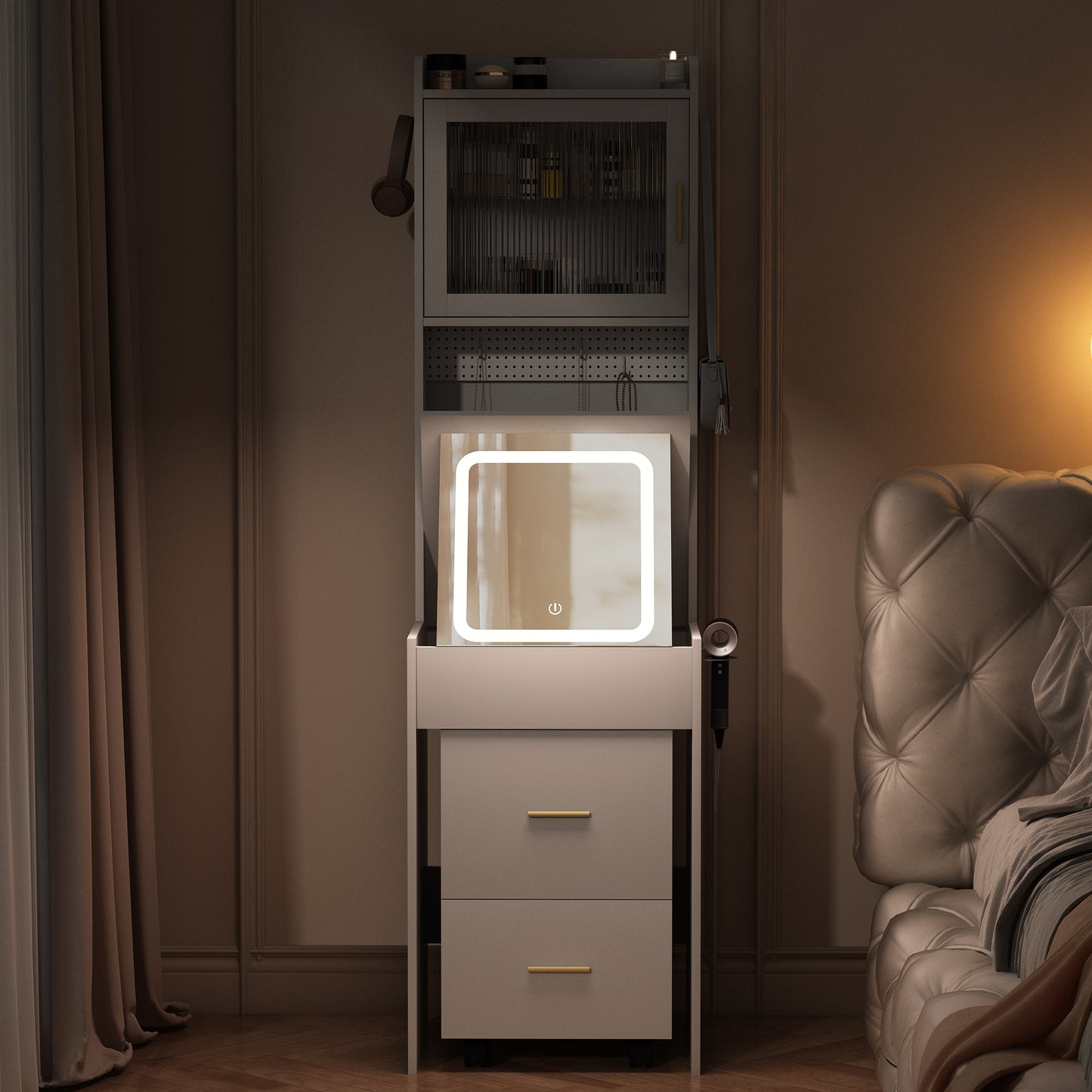 Compact Vanity Desk with Mirror, LED Lights, Charging Station & Stool, White