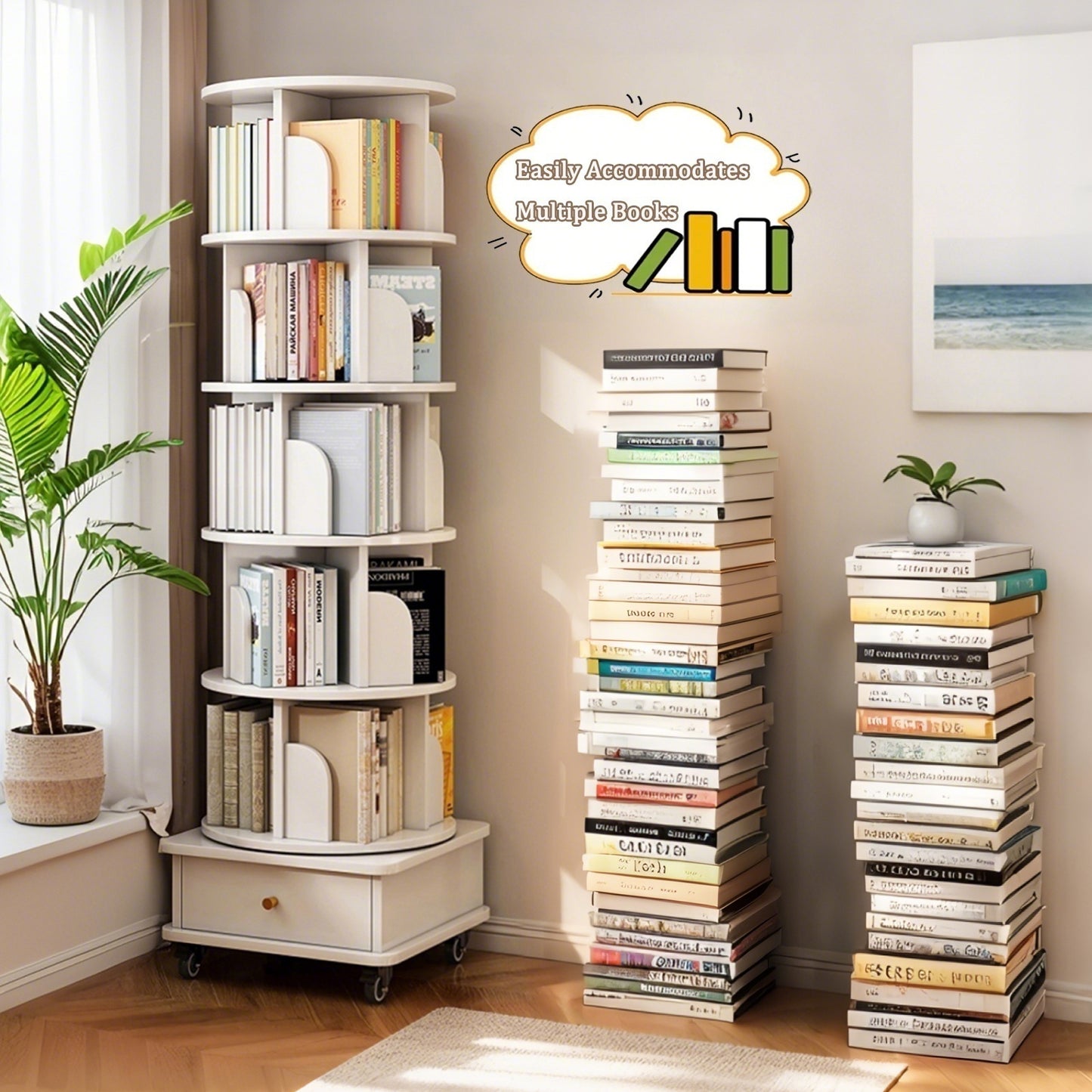 6-Tier 360° Rotating Bookshelf with Wheels & Drawer, Space-Saving Warm White