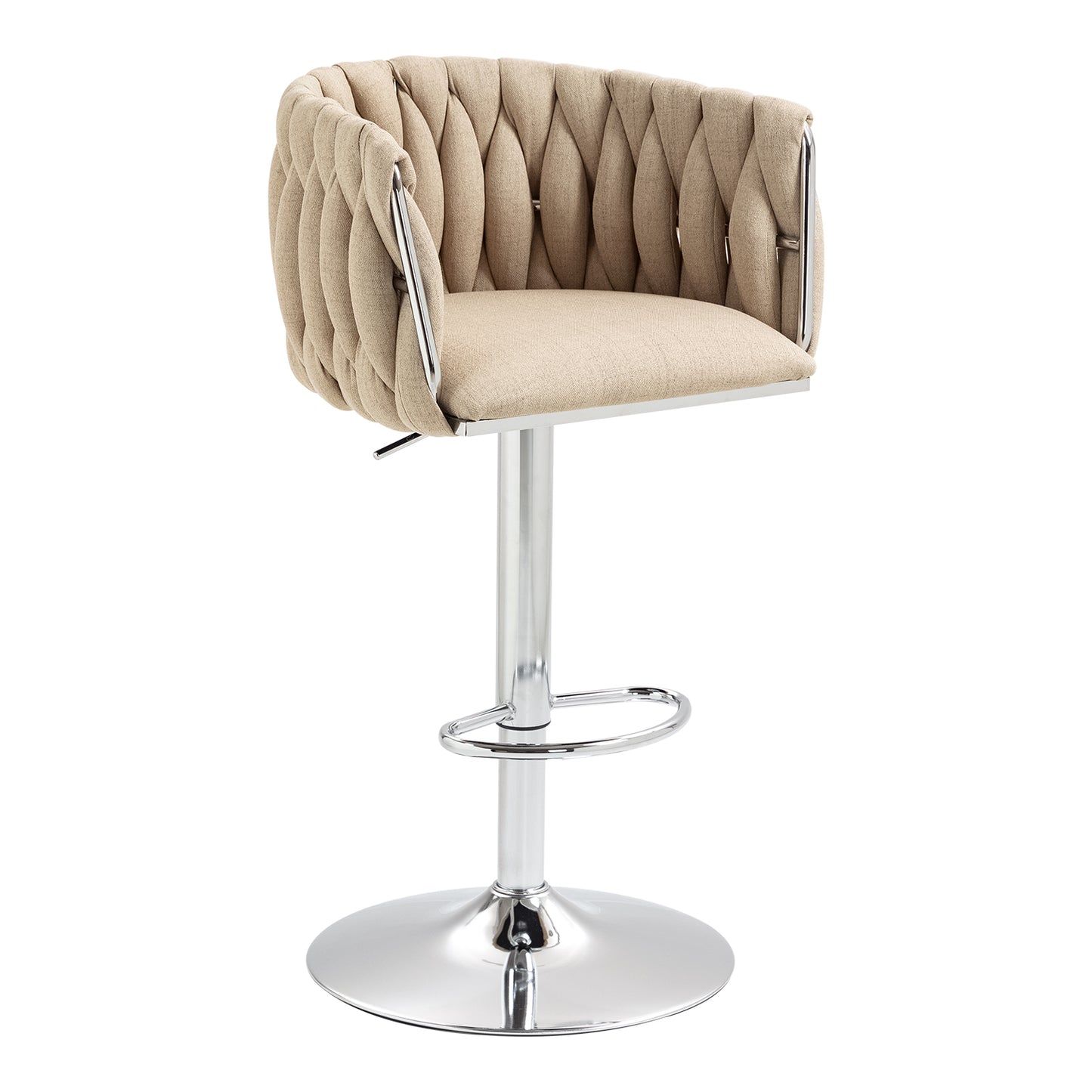Set of 2 360° Swivel Fabric Bar Stools with Woven Back, Adjustable Height, Beige