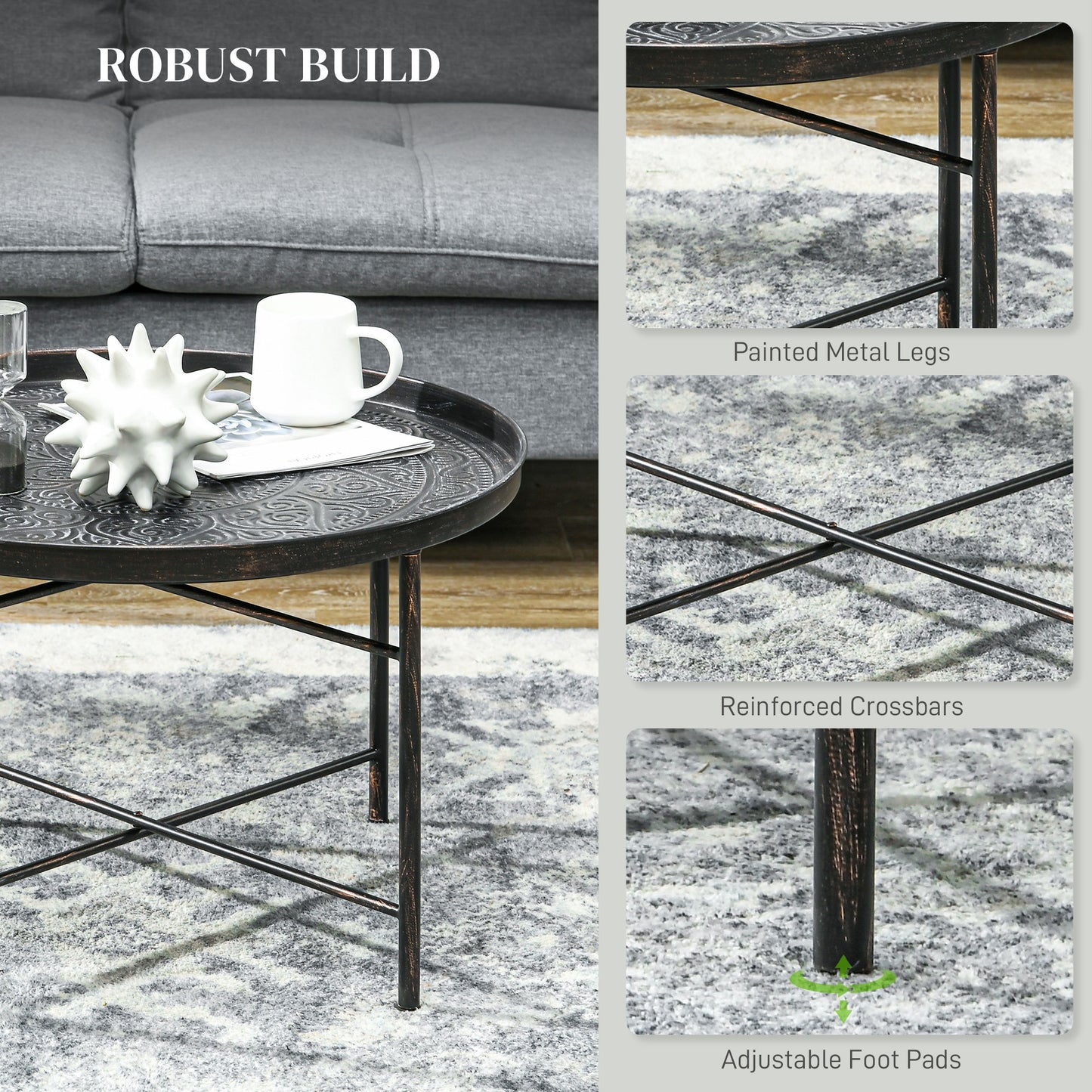 Round Hammered Pewter Metal Coffee Table – 24” Decorative Accent Table