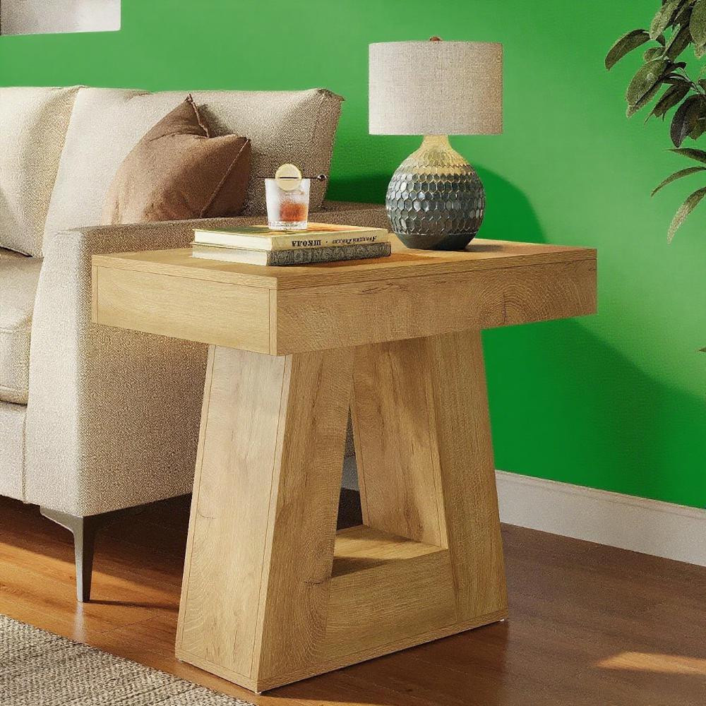 Modern Contemporary Coffee Table with Trapezoidal Base – Wood Grain Side Table