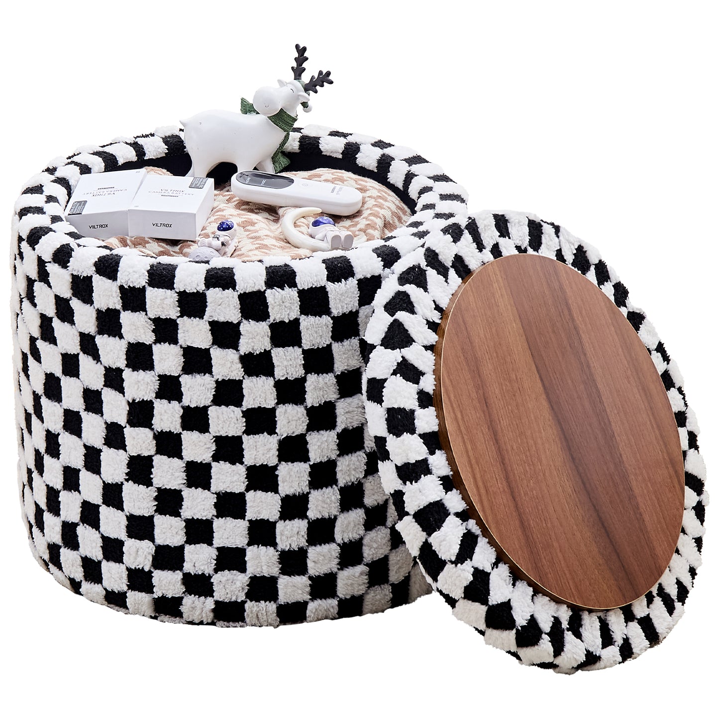 Round Black Faux Fur Ottoman with Storage – Footrest for Bedroom or Vanity