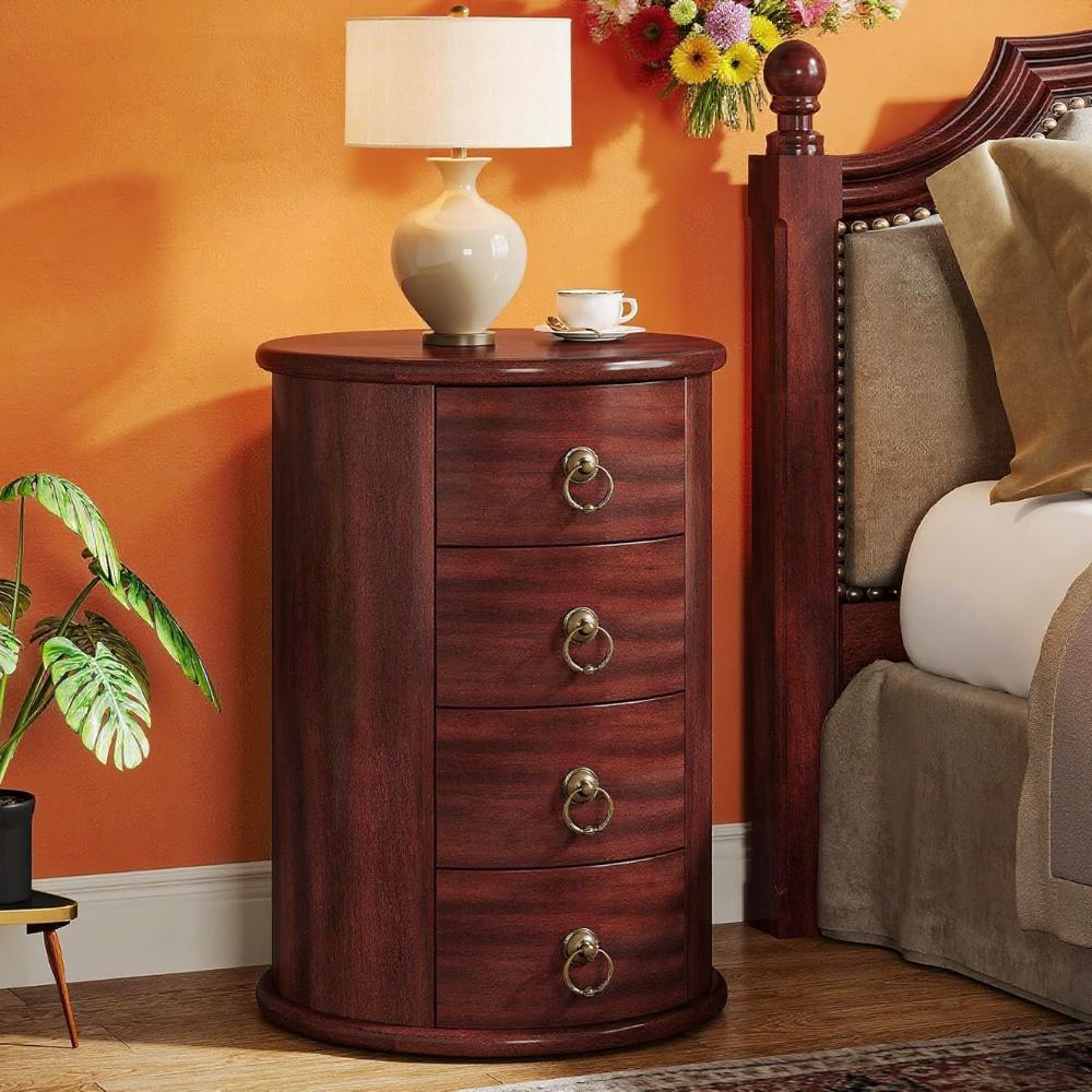 Cherry Brown 4-Drawer Coffee Table Nightstand – Rustic Vintage Storage Side Table