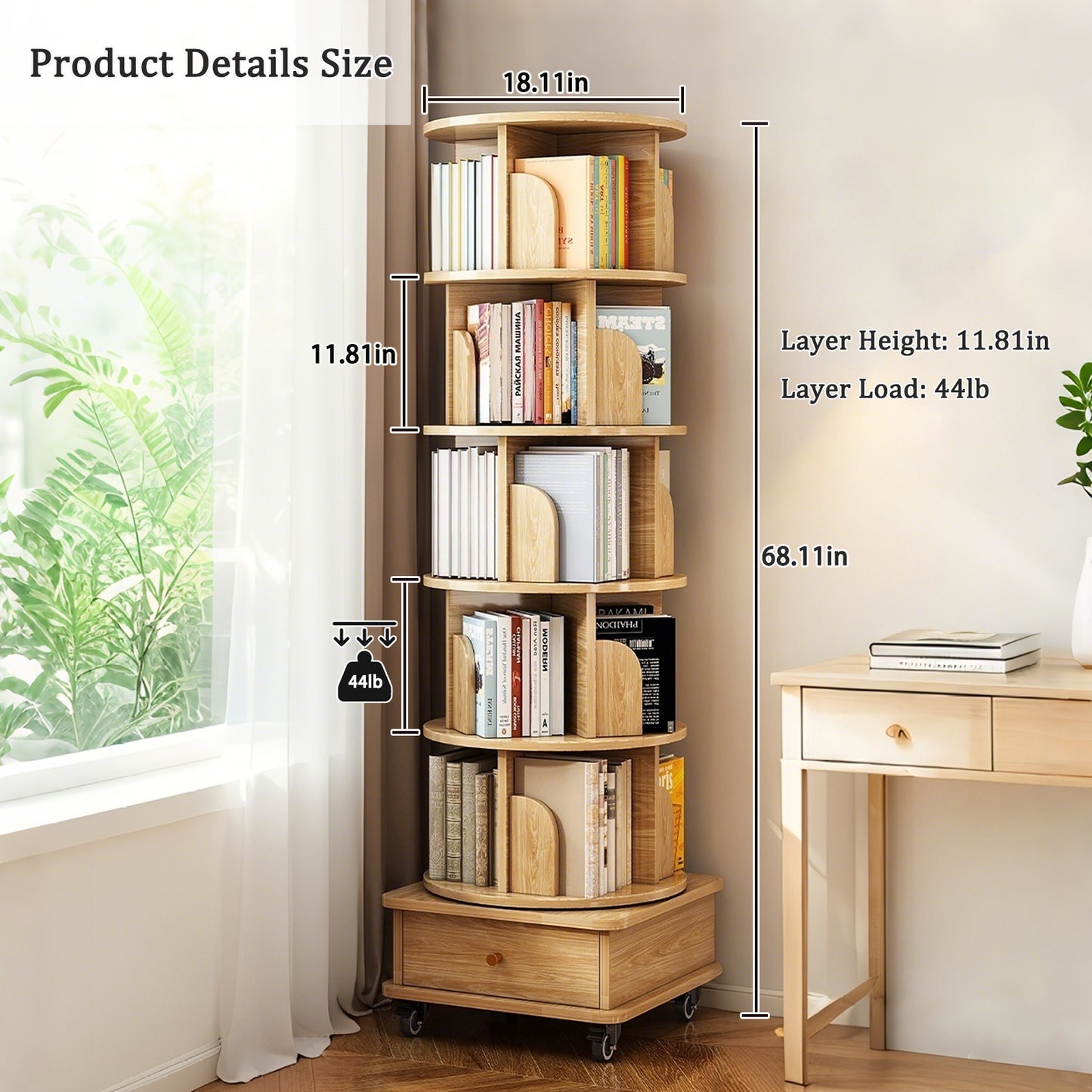 6-Tier 360° Rotating Bookshelf with Wheels & Drawer, Space-Saving Wood Color