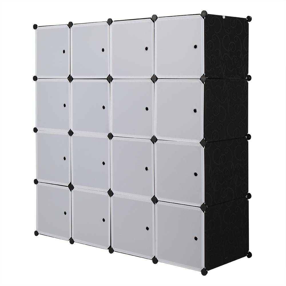 16-Cube Modular Closet Organizer with Hanging Rods, White Doors & Black Panels