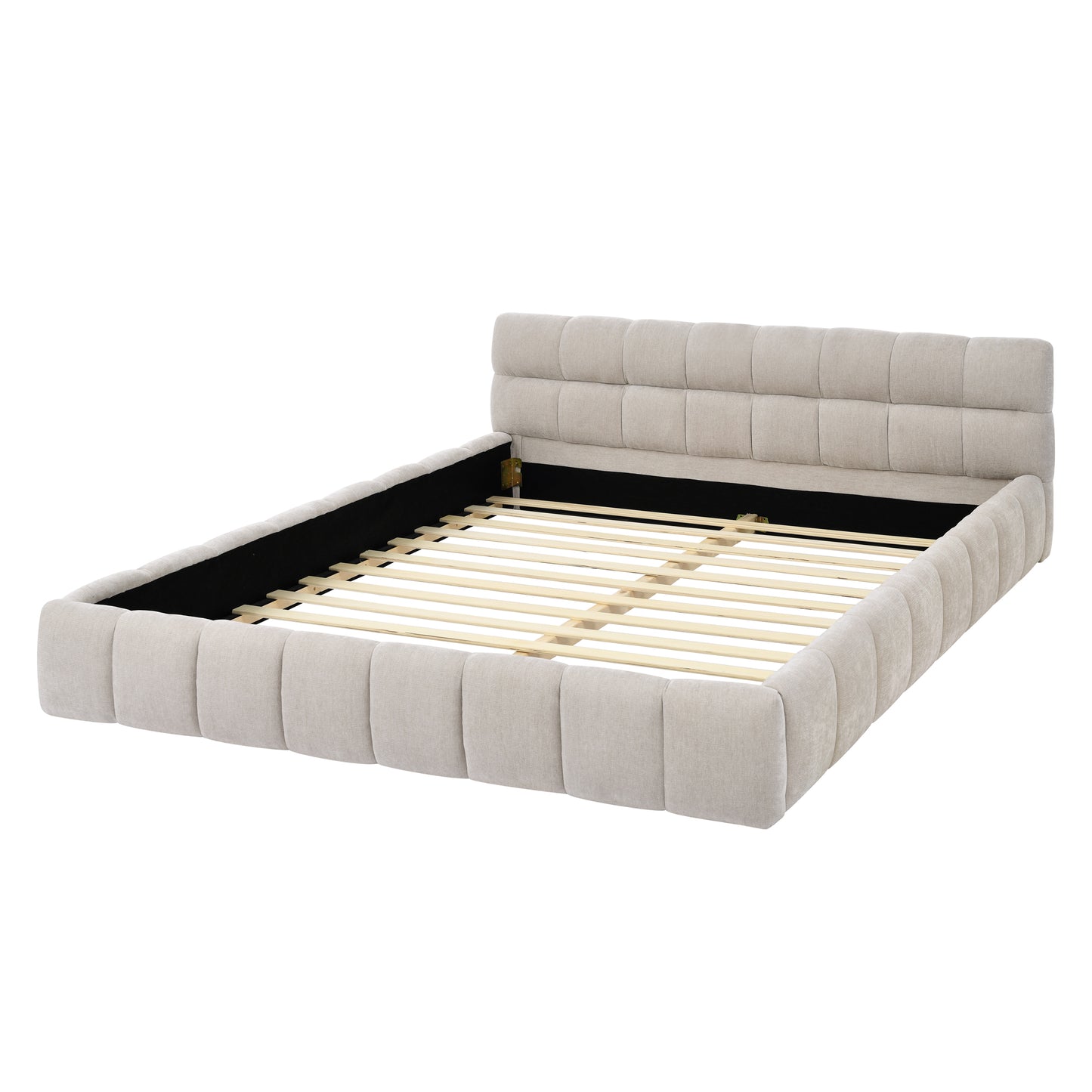 Queen Upholstered Platform Bed Frame with Headboard, Chenille Fabric, Beige