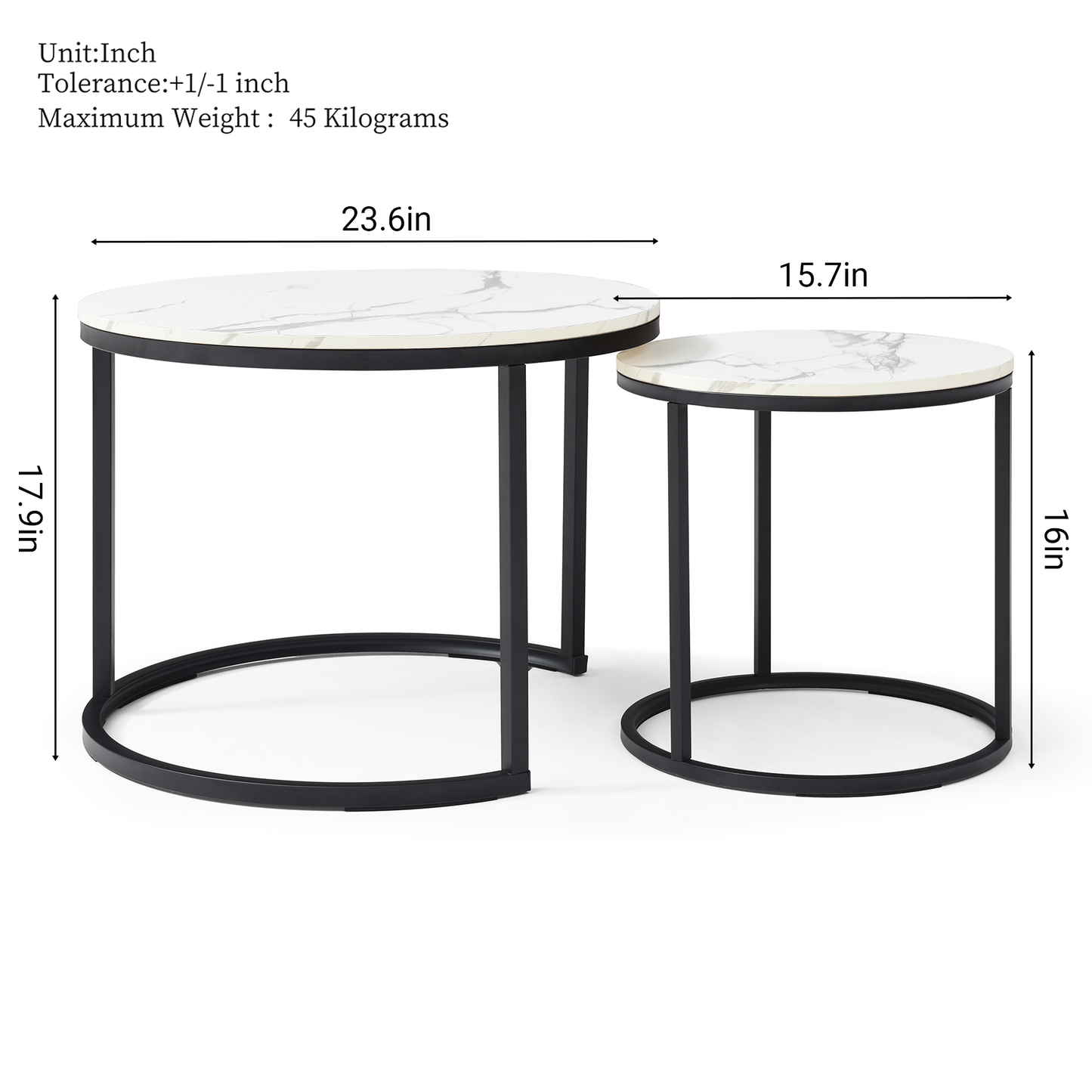 Set of 2 Nesting Coffee Tables – White & Gray Marble Top with Black Metal Frame