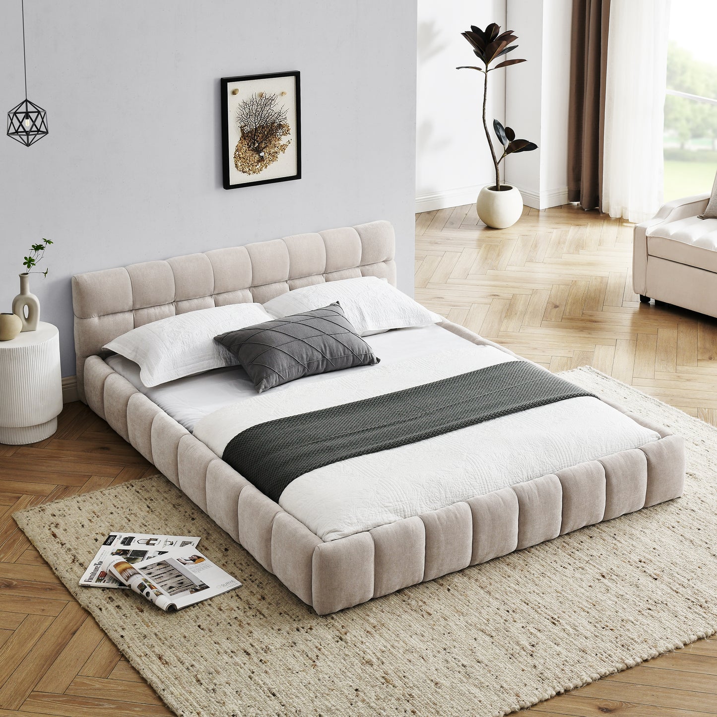 Queen Upholstered Platform Bed Frame with Headboard, Chenille Fabric, Beige