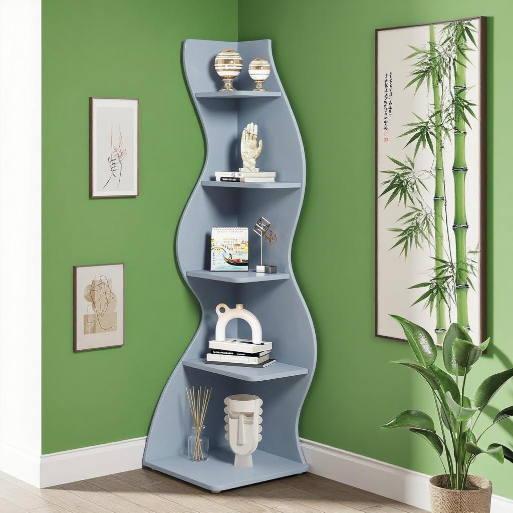 Bookcase Wavy 5-Tier Blue Corner Bookshelf – Modern Sculpted Storage Rack