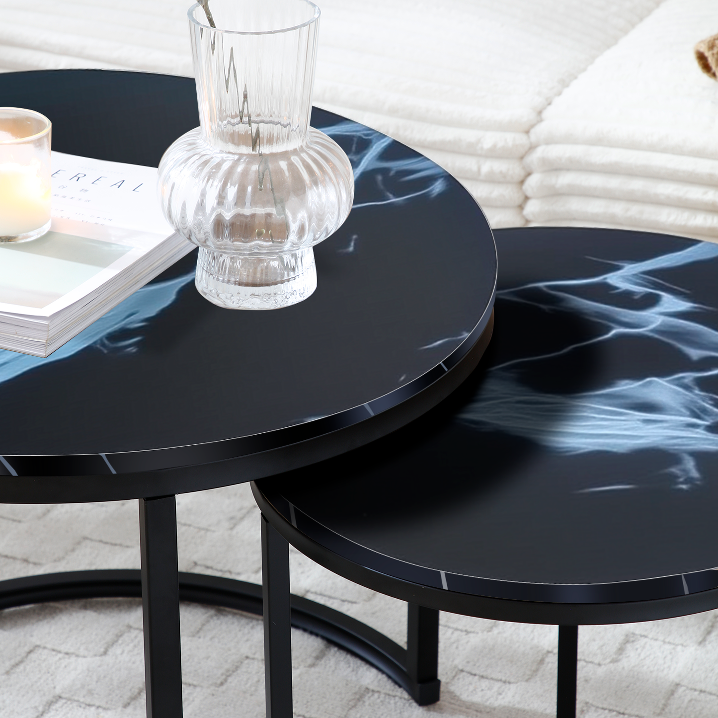 Set of 2 Nesting Coffee Tables – Round Black Frame with Marble Pattern Tops