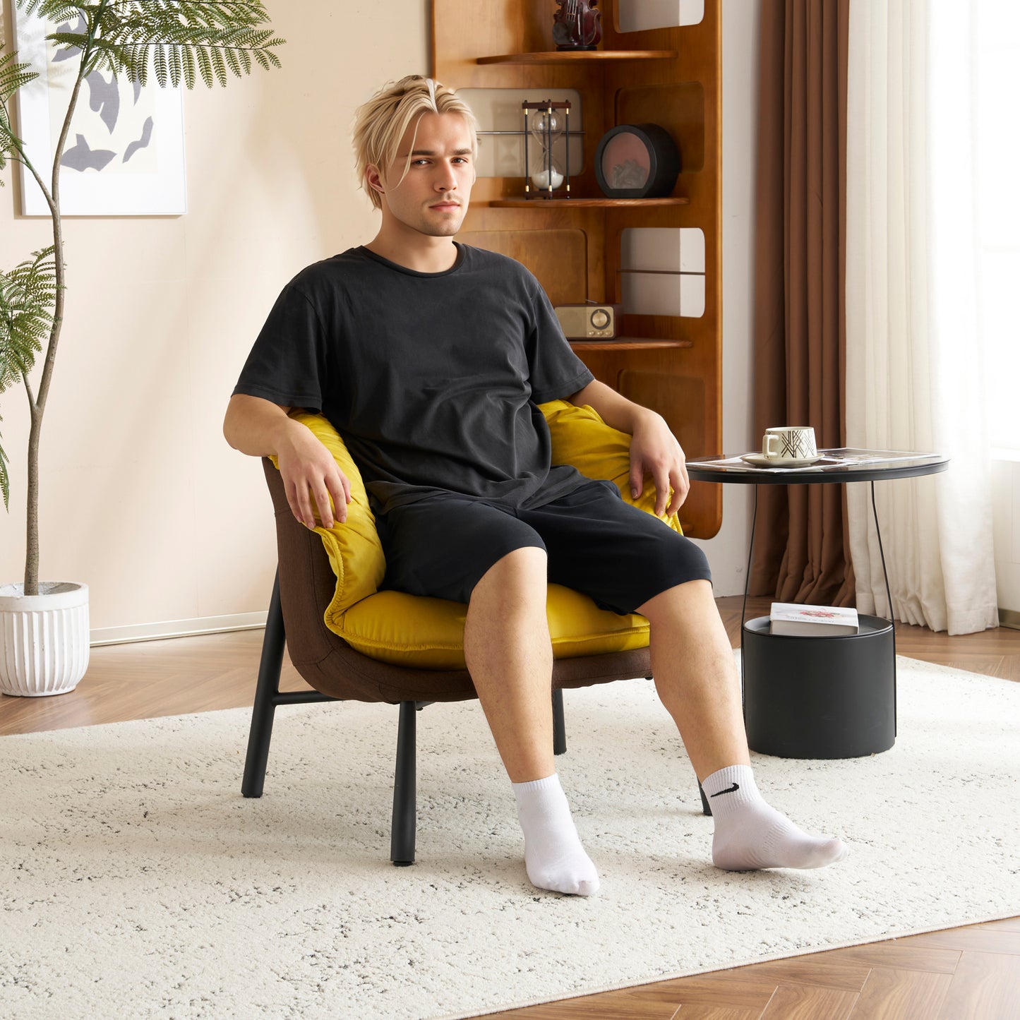 Modern Velvet Barrel Accent Chair with Metal Legs – Yellow Armchair