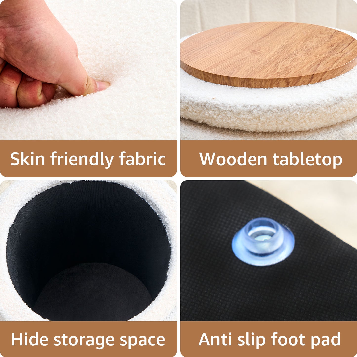 Teddy Velvet Round Ottoman Stool with Storage, Padded Seat, Metal Base, White