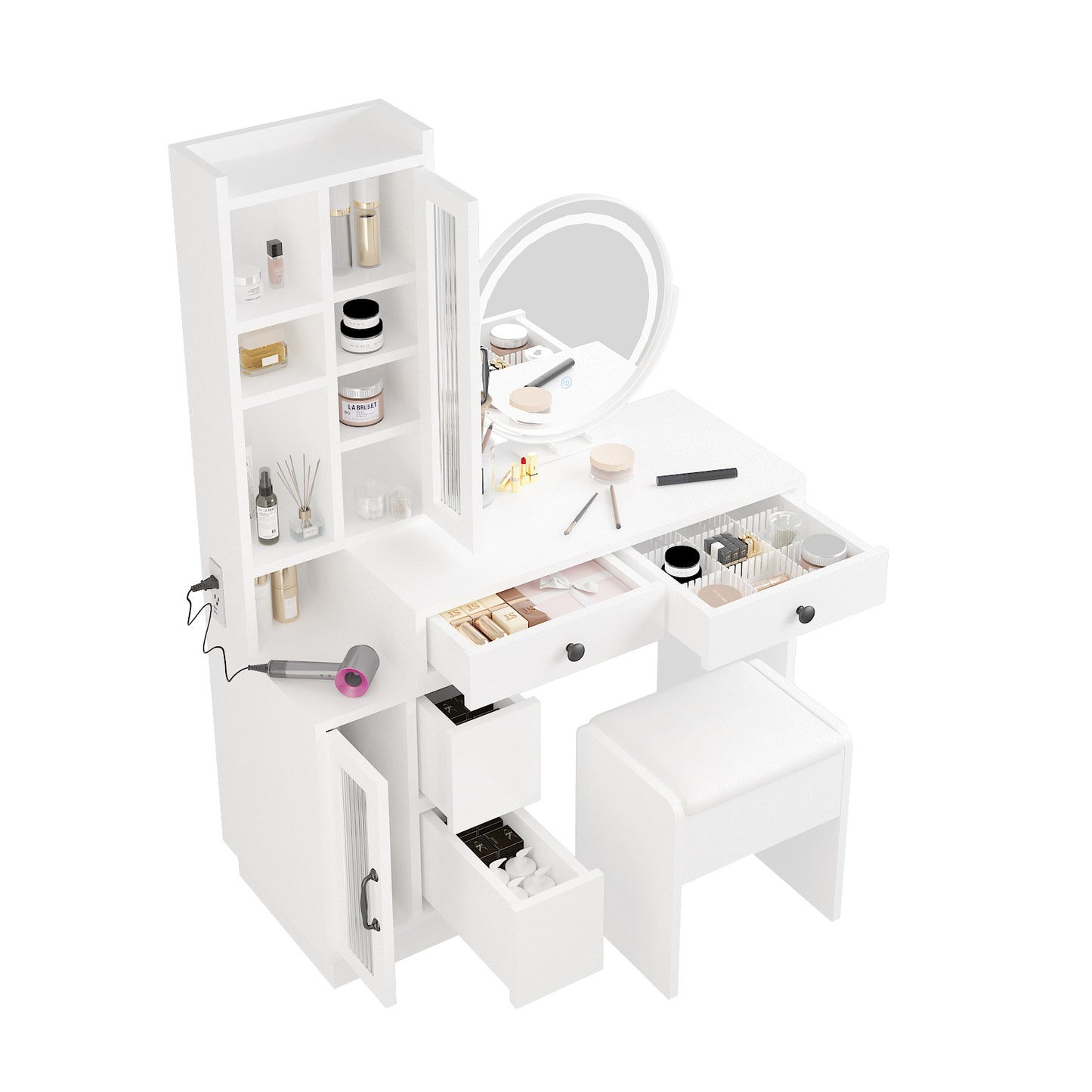 Modern Vanity Table Set w/ LED Mirror, Side Cabinet & Outlets, 3 Lights