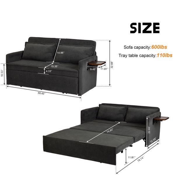 3-in-1 Sleeper Chair Bed with Tray & USB, Convertible Sofa in Dark Grey