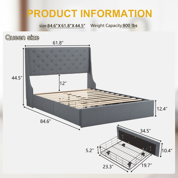 Queen Upholstered Storage Bed Frame with 4 Drawers & Wingback Tufted Headboard