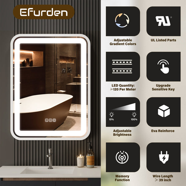 36x28" LED Bathroom Vanity Mirror, Dimmable, Anti-Fog, Wall Mount