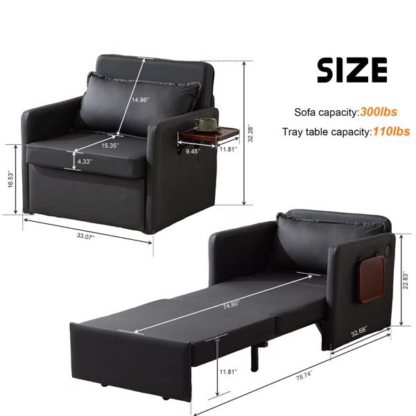 3-in-1 Sleeper Chair Bed with USB Tray, Black Leather Convertible Sofa