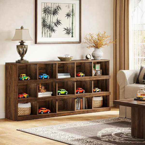 71" Rustic Brown Farmhouse Console Table – 4-Tier, 15-Cube Storage by Tribesigns
