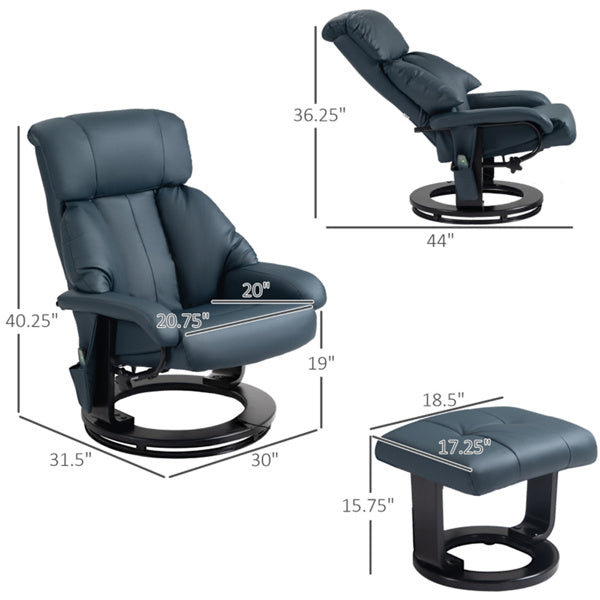 PU Leather Massage Recliner Chair with Ottoman & Remote, Blue