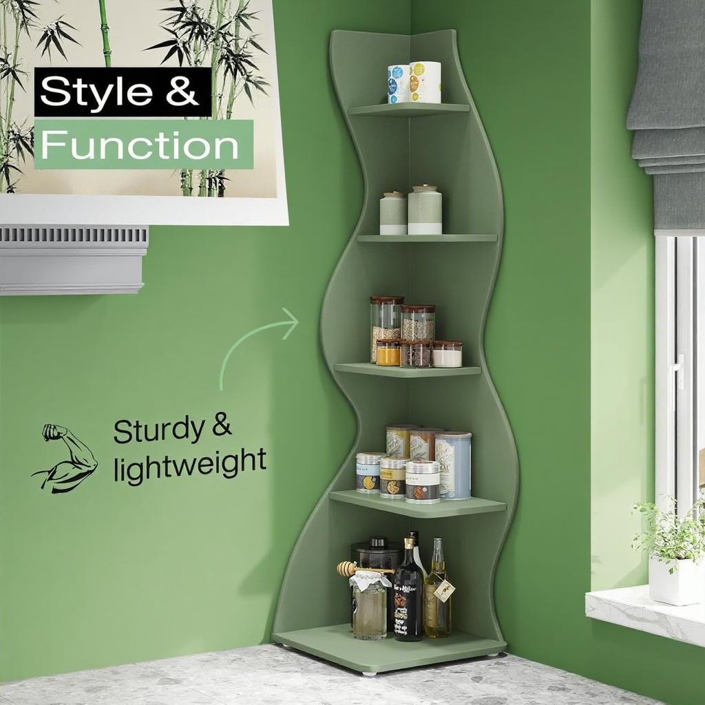 Bookcase Wavy 5-Tier Green Corner Bookshelf – Modern Sculpted Storage Rack