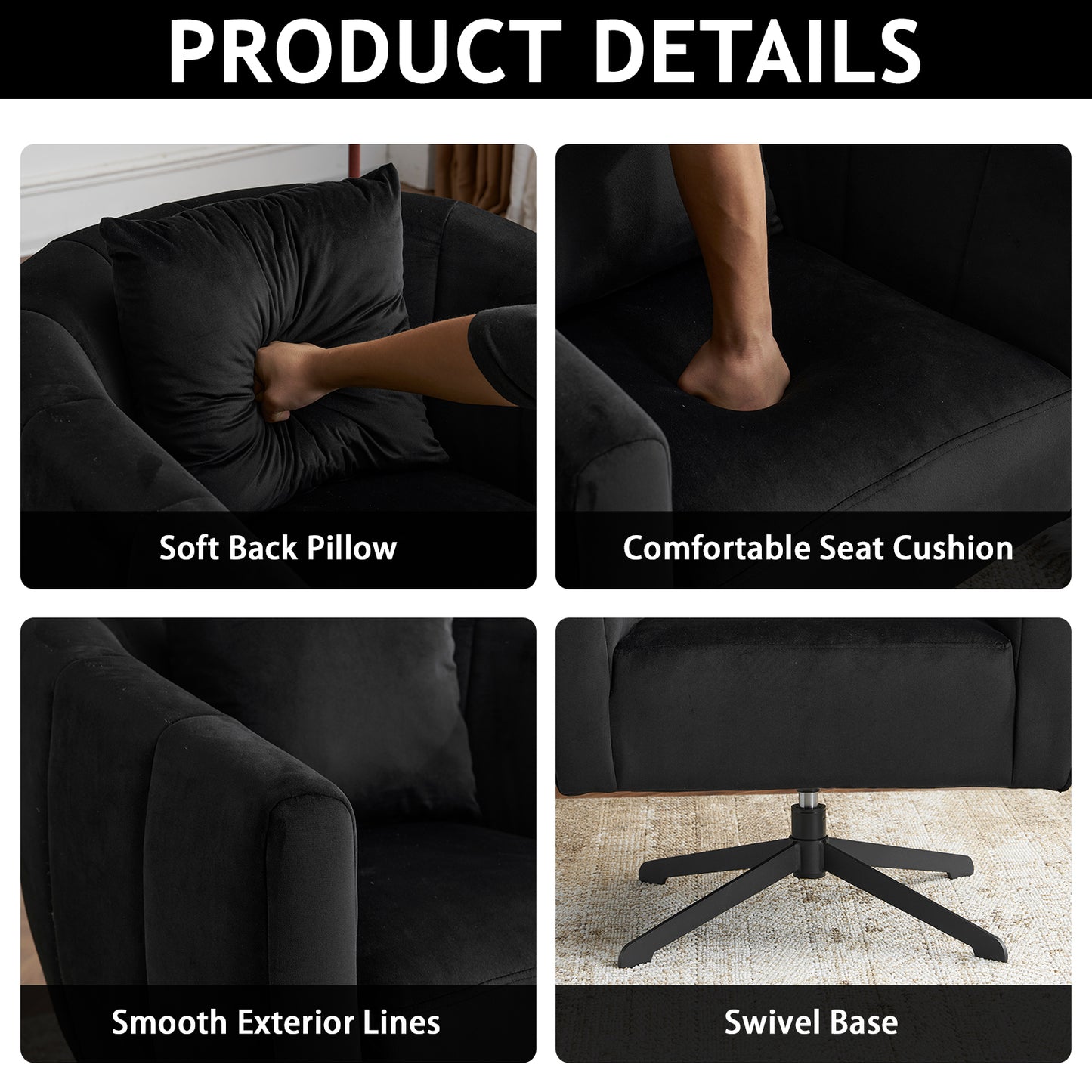 360° Swivel Velvet Accent Chair with Fluffy Cushion – Black