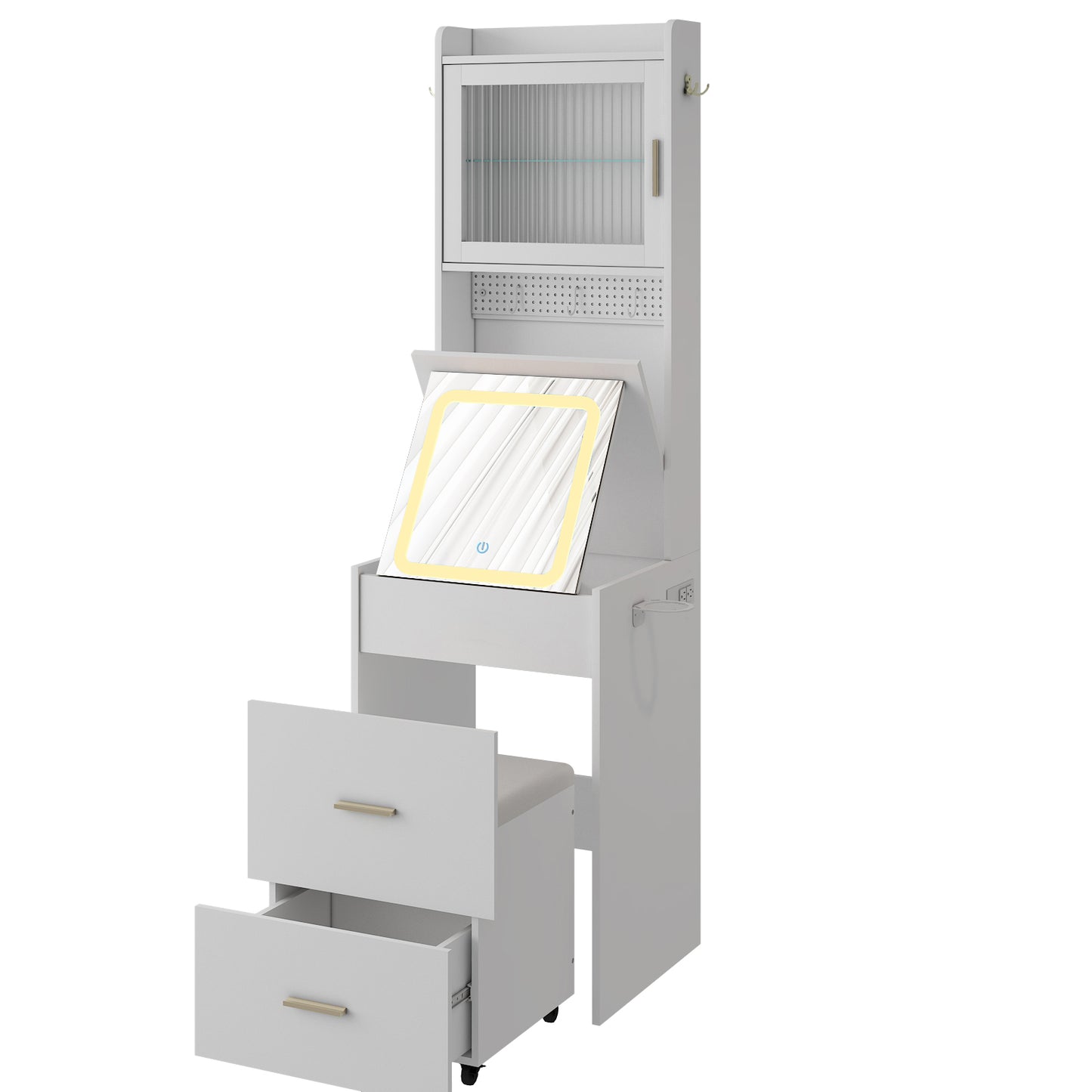 Compact Vanity Desk with Mirror, LED Lights, Charging Station & Stool, White