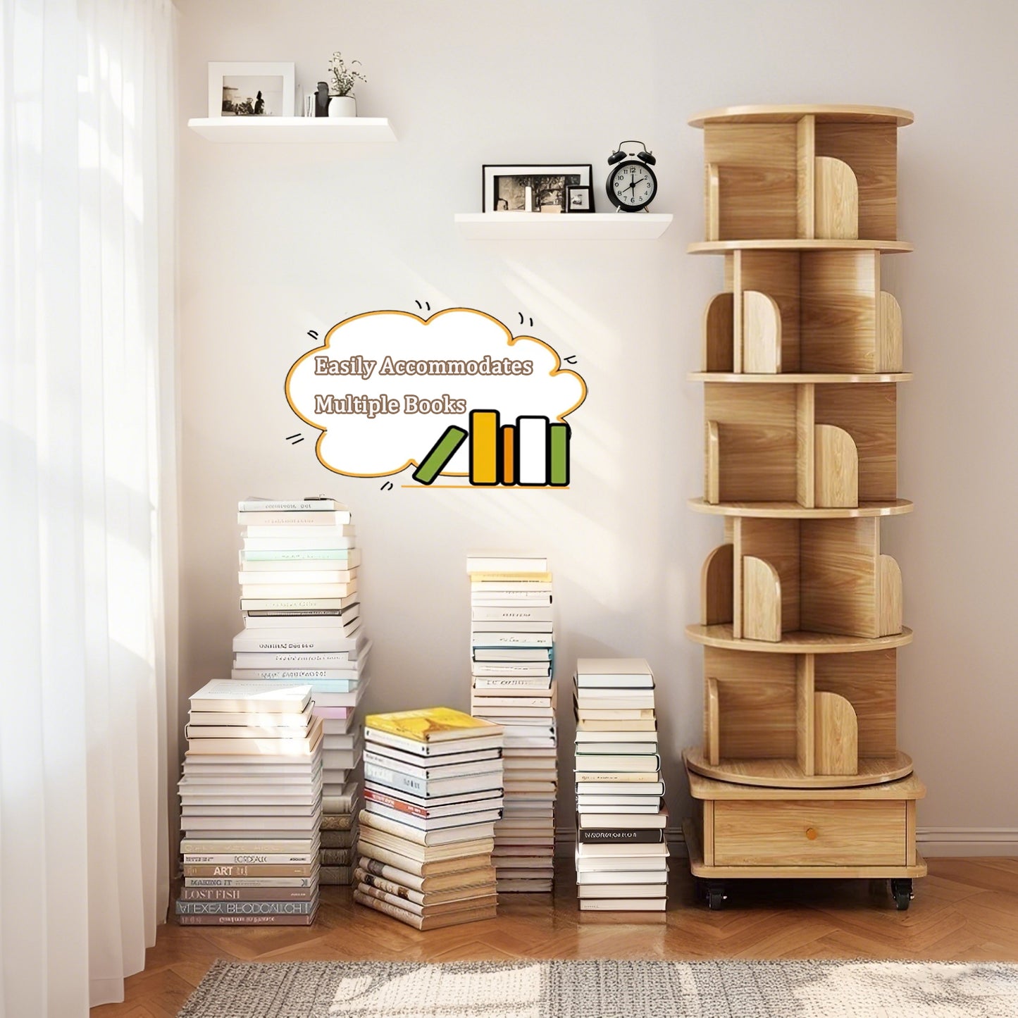 6-Tier 360° Rotating Bookshelf with Wheels & Drawer, Space-Saving Wood Color