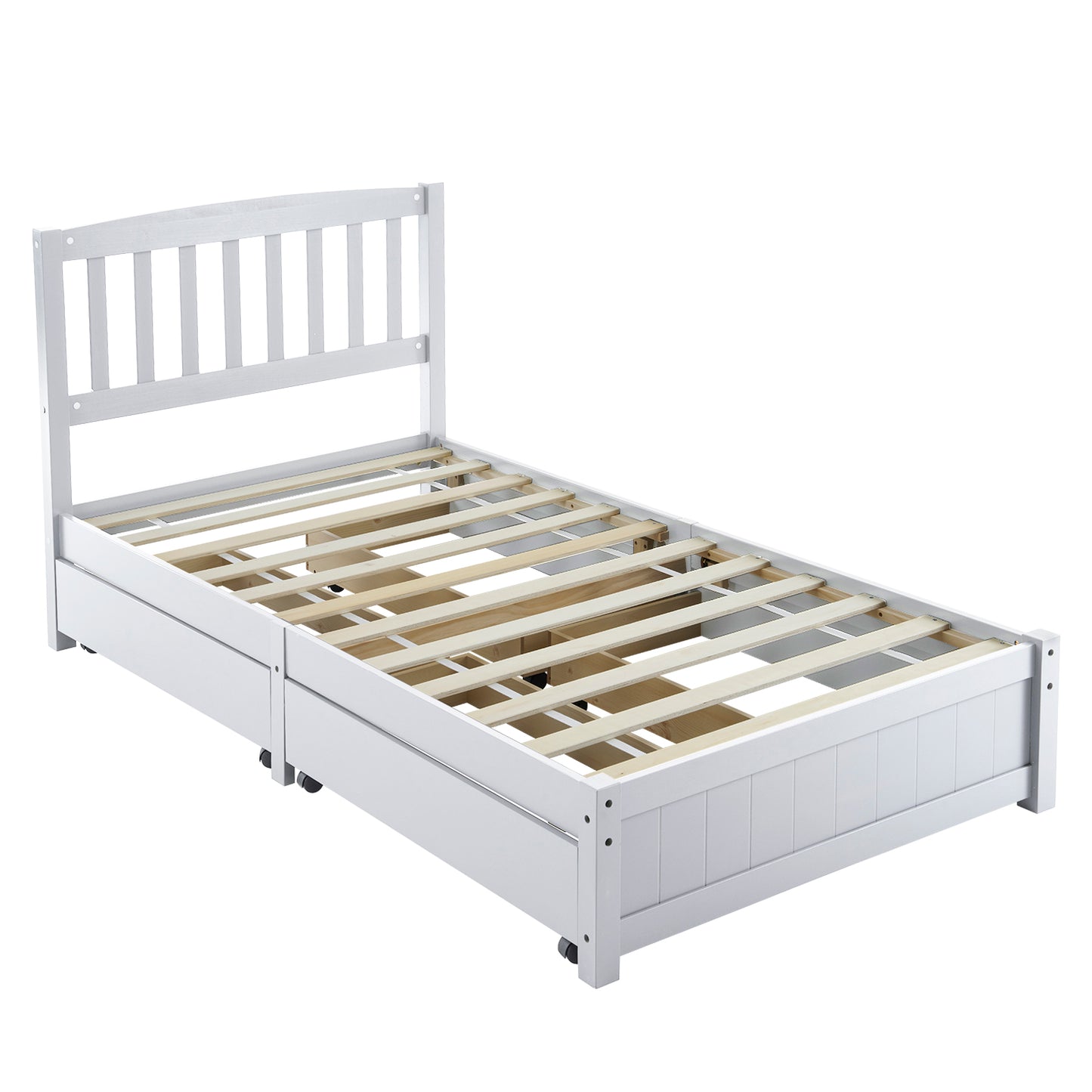 Twin Pine Wood Platform Bed with 4 Storage Drawers & Curved Headboard – White