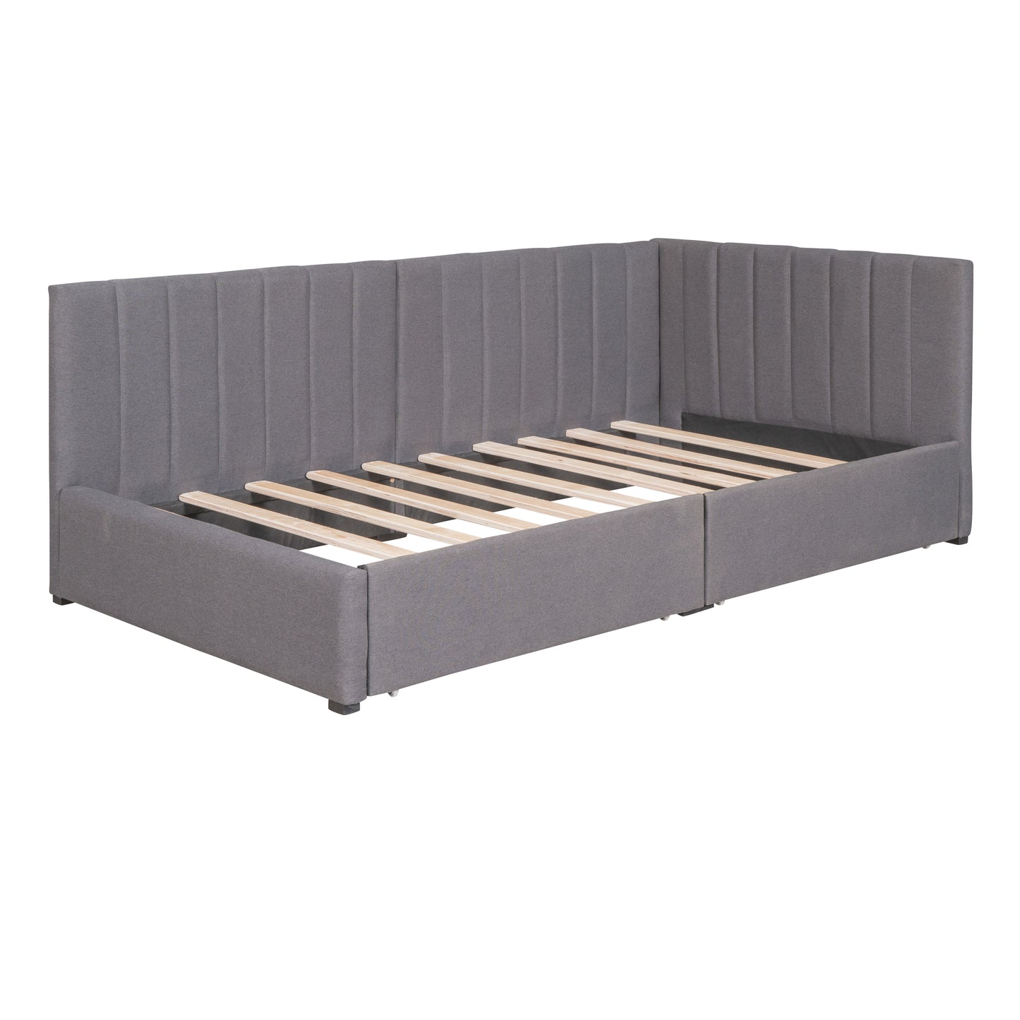 Gray Twin Upholstered Daybed with 2 Storage Drawers – Linen Sofa Bed Frame