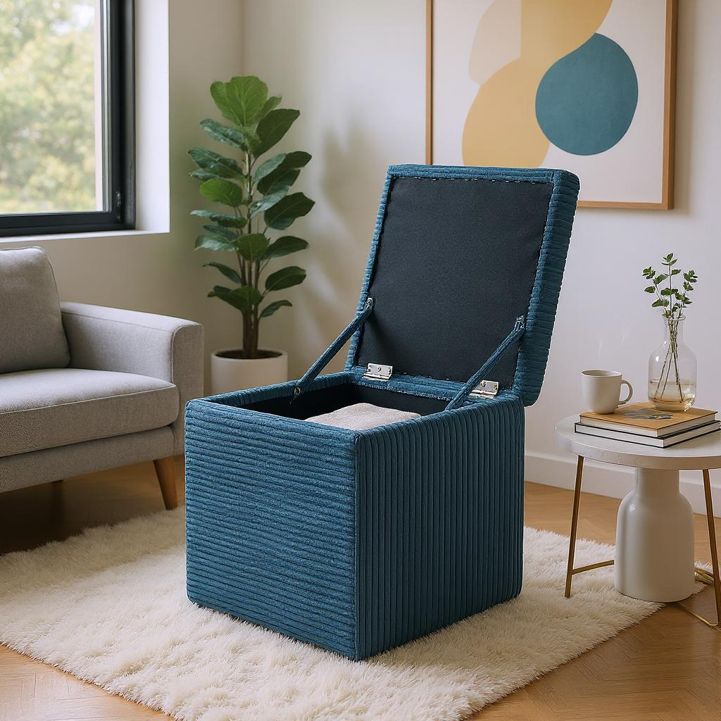Blue Corduroy Storage Ottoman with Hidden Compartment – 16.5” Cube Seat